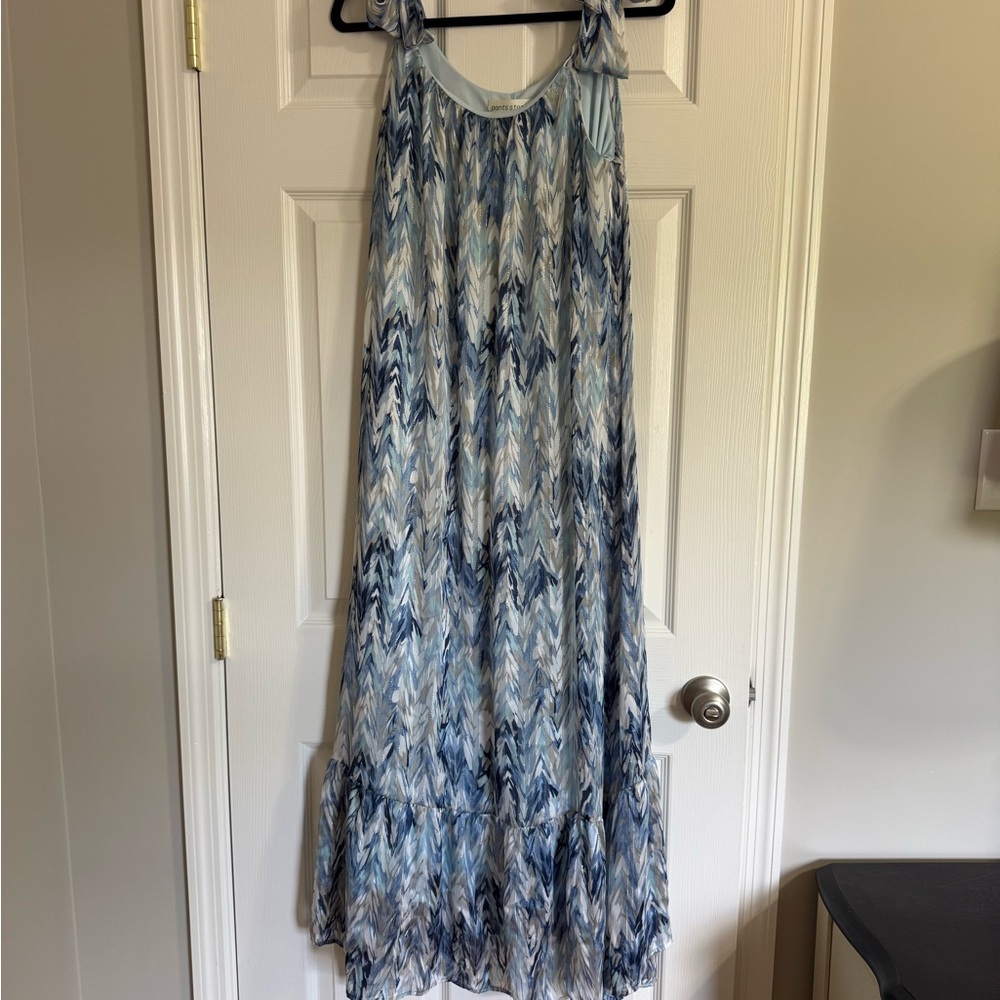 Boho chic Maxi blue and gold print dress with adjustable tie straps Pants Store